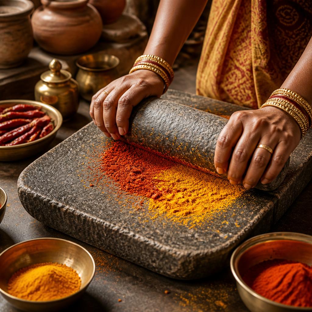 Hands grinding traditional spices on a stone sil-batta